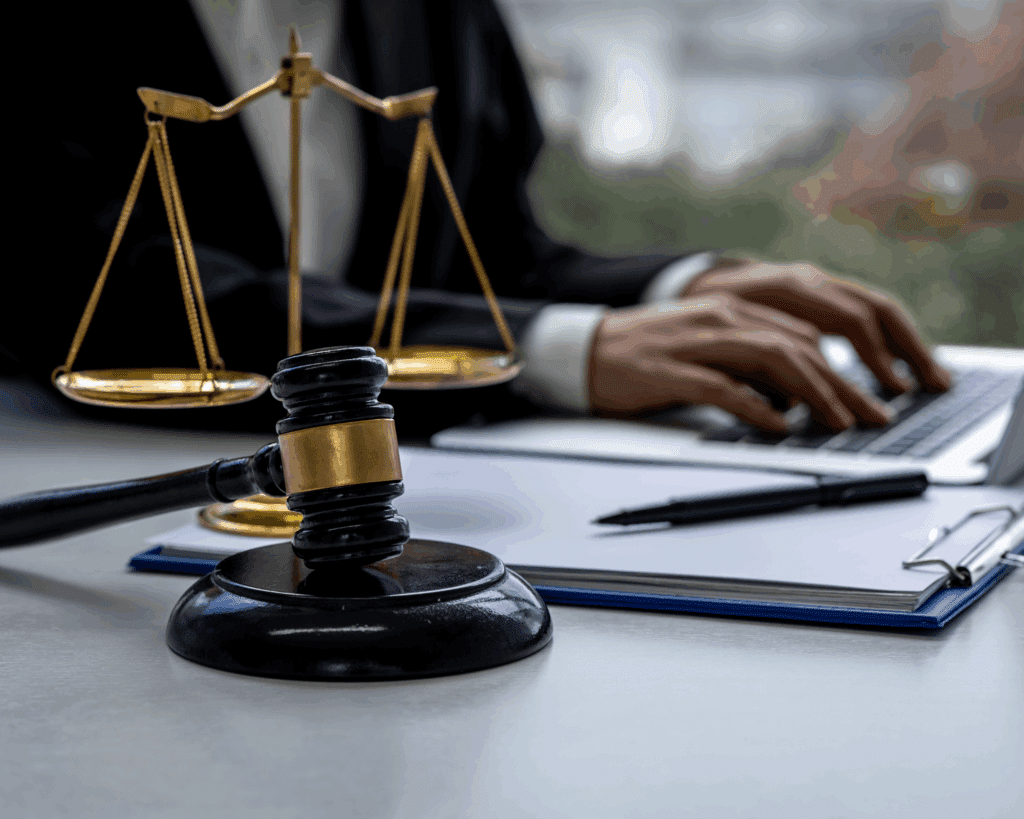 Mains d’un juriste tapant sur un ordinateur avec balance de justice et marteau de juge au premier plan