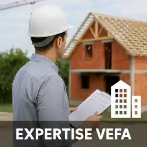 Photo d’un expert en bâtiment en casque blanc inspectant une maison neuve en construction avec un rapport et l’inscription “EXPERTISE VEFA”