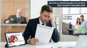 Agent immobilier stressé consultant l'arrêt de la Cour de cassation du 13 novembre 2025 sur sa responsabilité accrue. En arrière-plan, un juge, et sur un écran, la solution de vérification "Check my House" pour sécuriser les ventes.