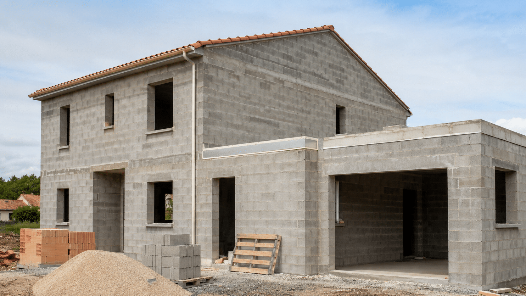 Chantier de maison individuelle au stade du gros œuvre, étape clé du suivi de construction.