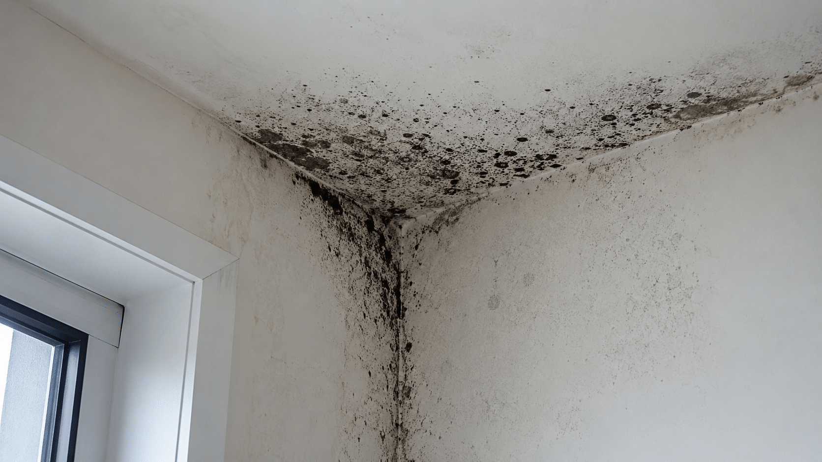 Moisissures noires dans l'angle d'un mur intérieur, signe d'un excès d'humidité.