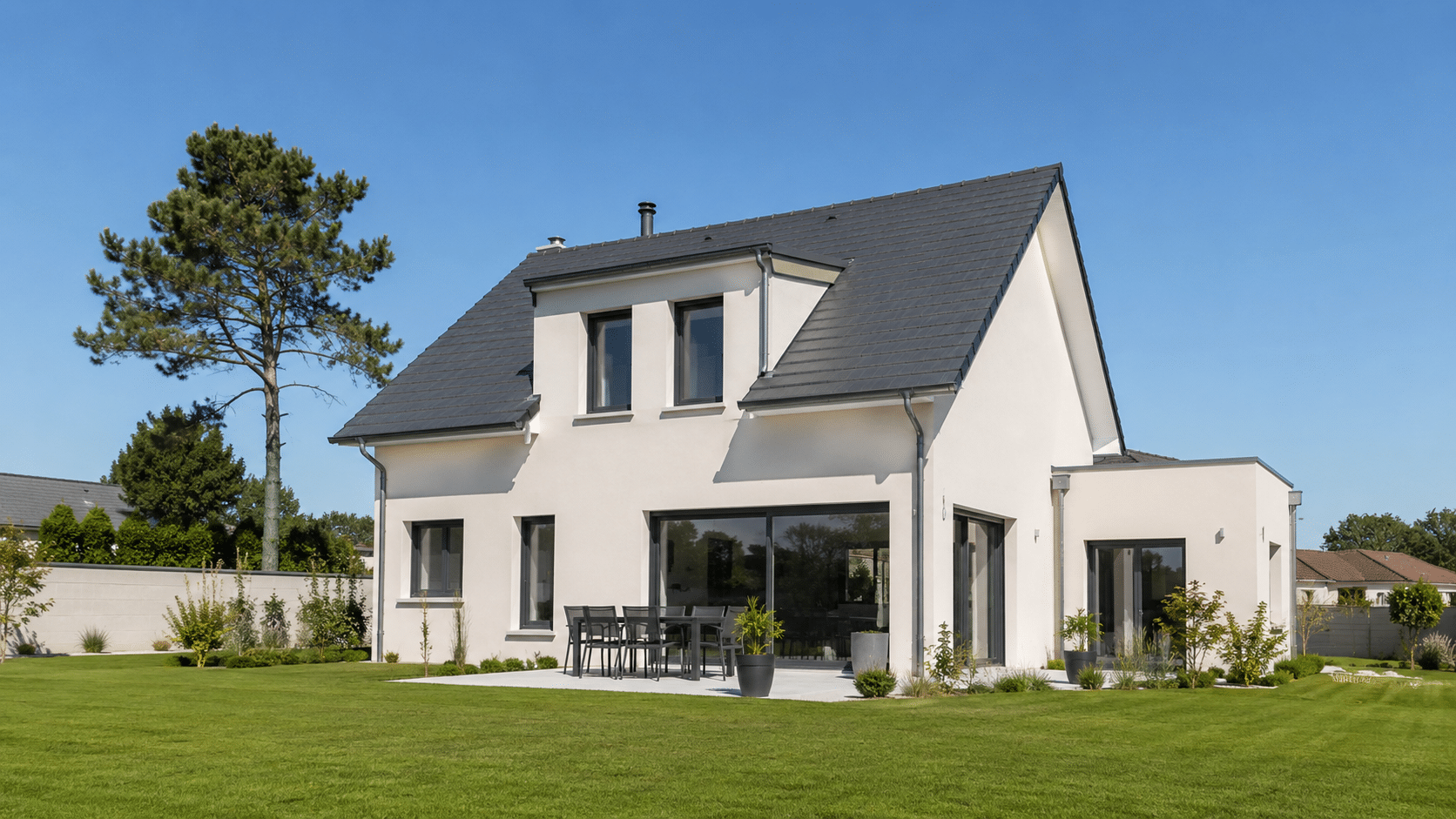 Maison individuelle neuve achevée, protégée par les garanties de construction.