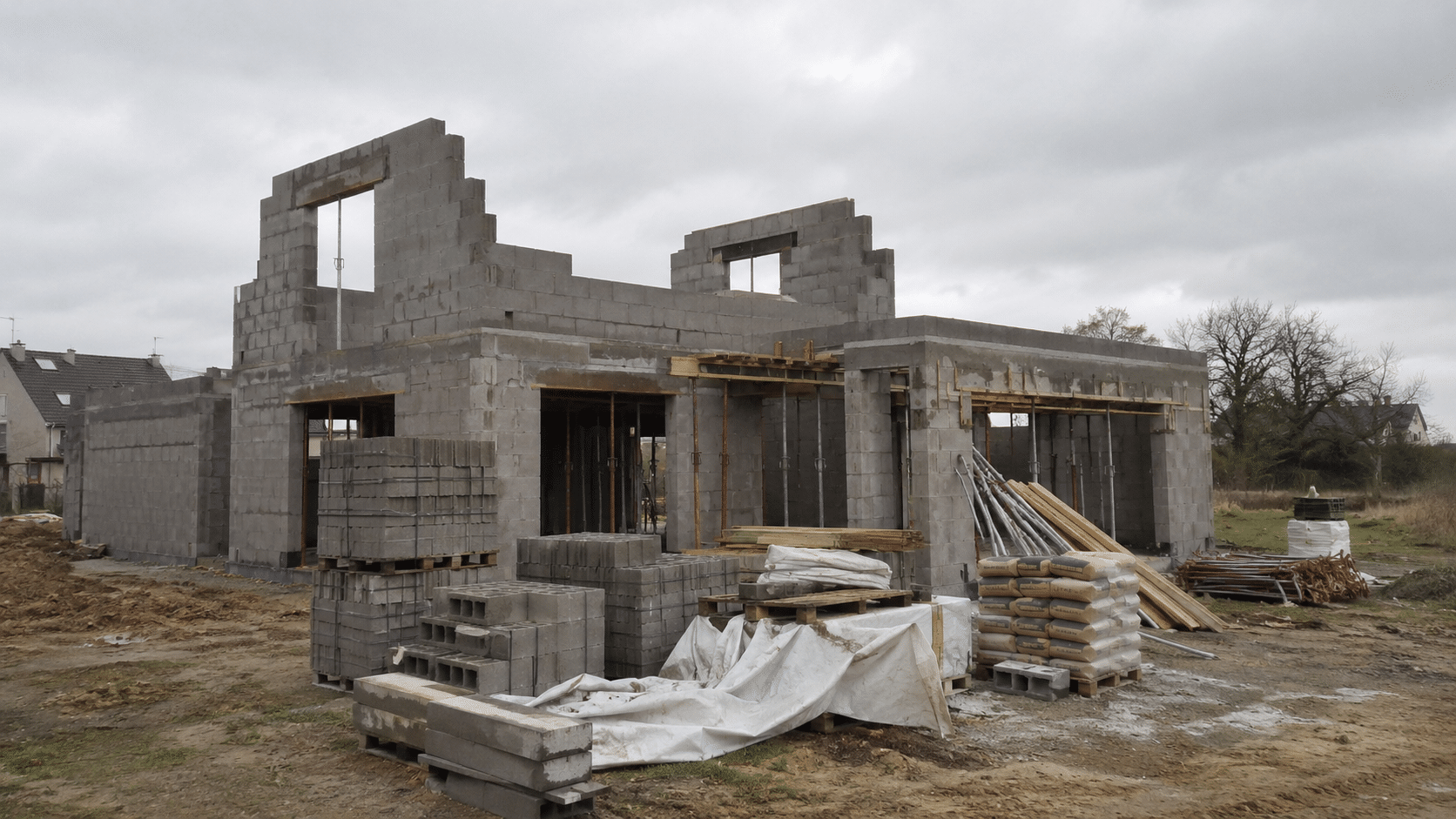 Chantier de maison individuelle inachevé évoquant un retard de construction.