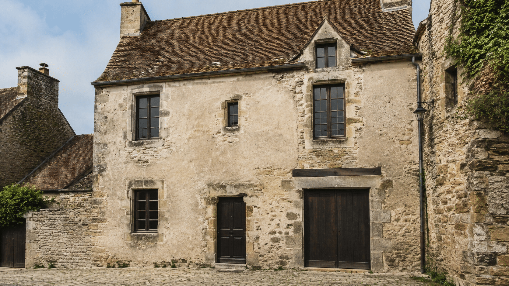Façade d'une maison ancienne en pierre présentant des signes de vieillissement.