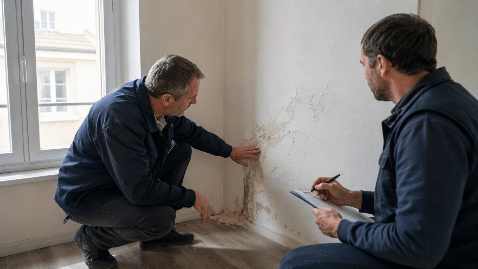 Deux experts examinant un dommage lors d'une expertise après sinistre.