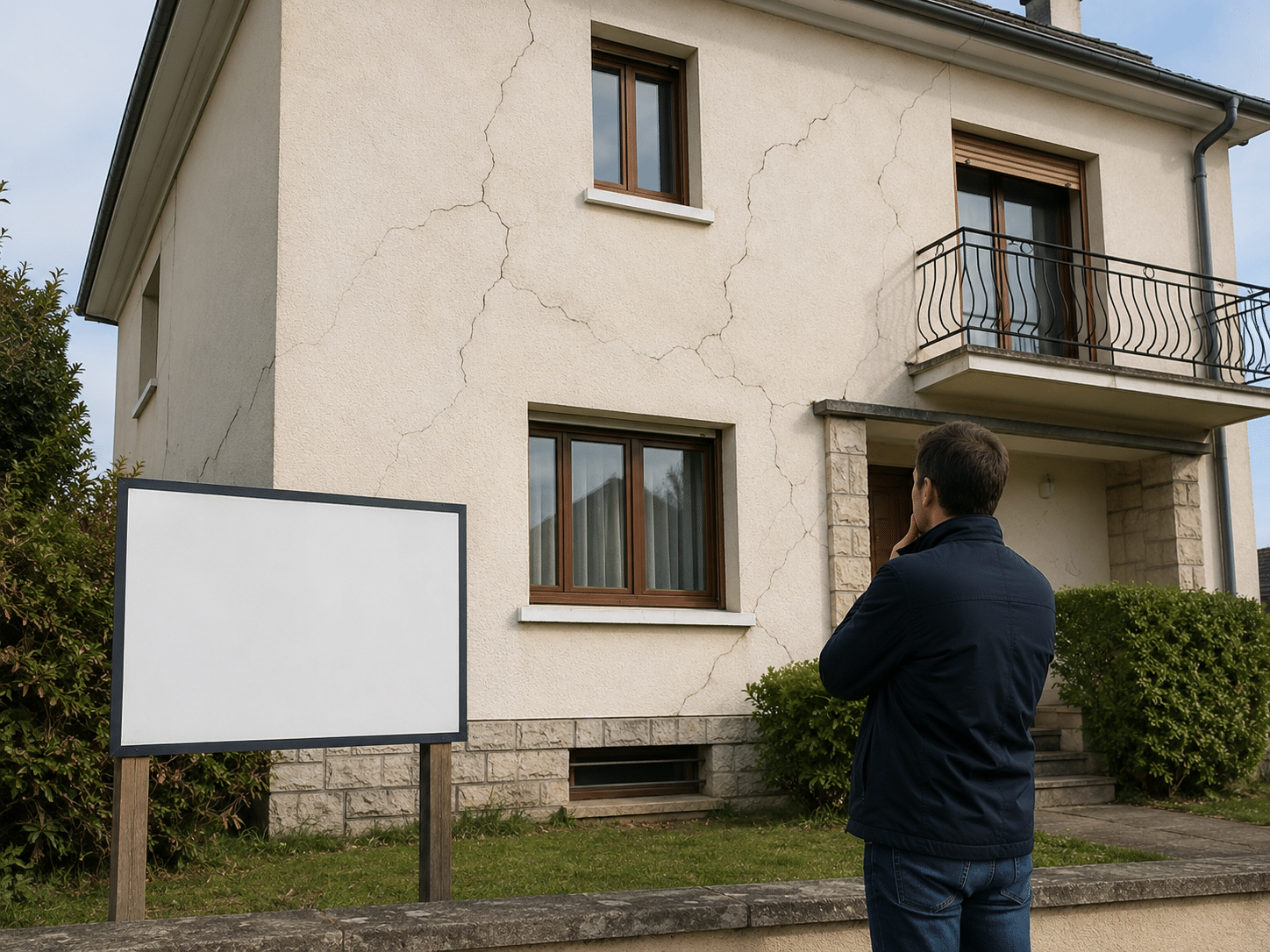 Acheteur face à une maison présentant des fissures