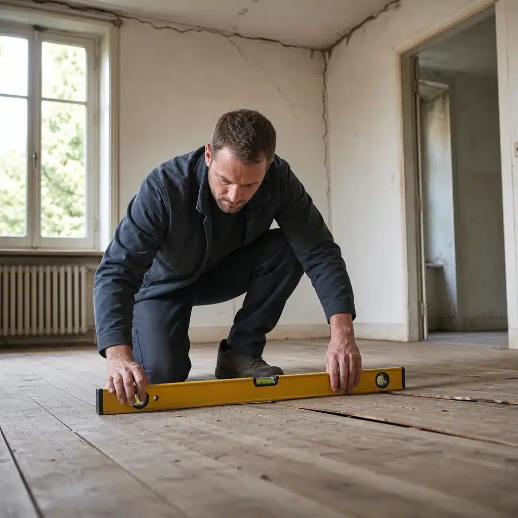 Expert contrôlant le niveau d'un plancher en bois affaissé dans une maison