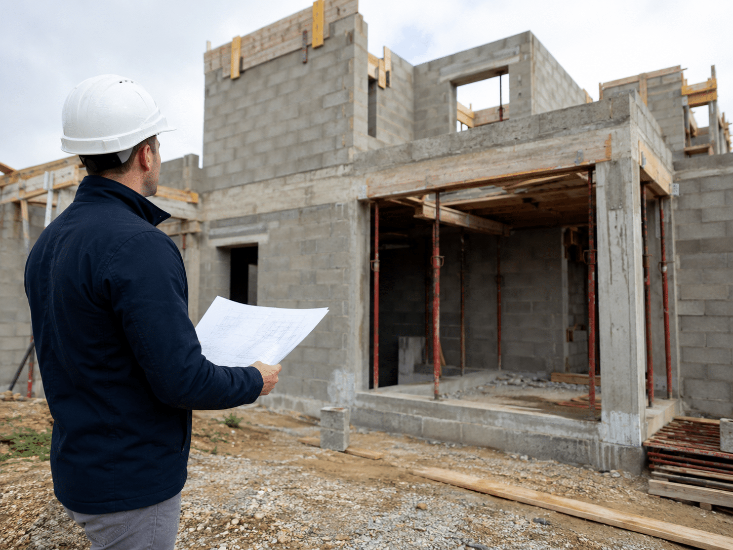 Expert contrôlant une maison individuelle en construction dans le cadre d'un CCMI