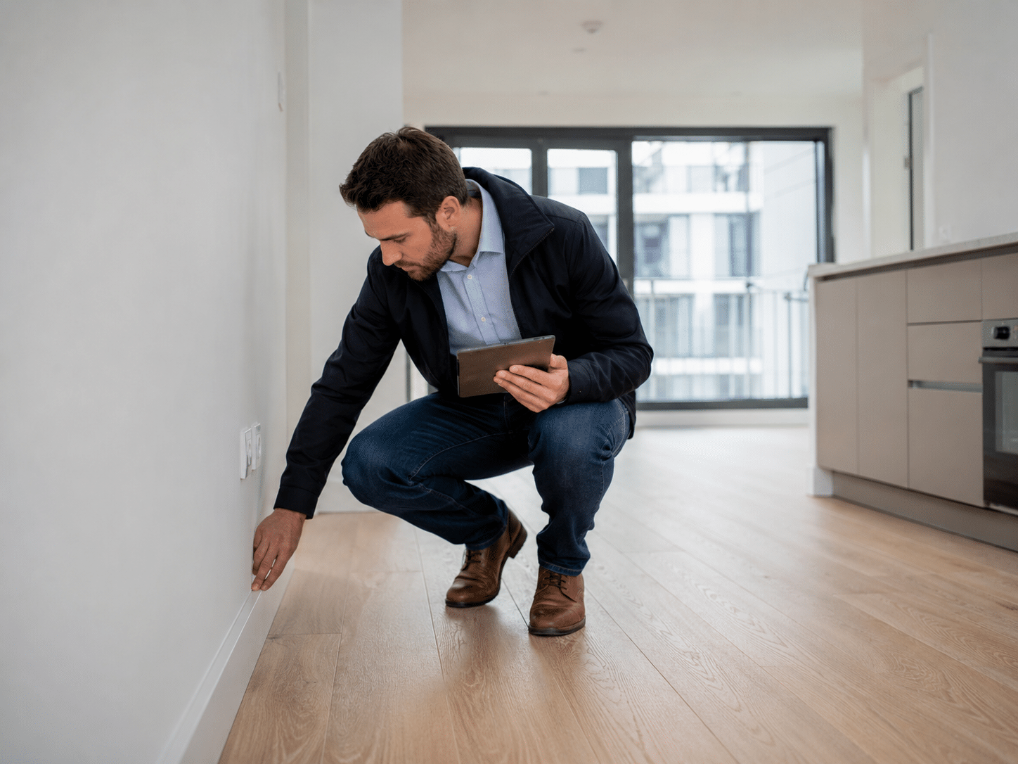 Expert contrôlant les finitions d'un appartement neuf lors de la livraison VEFA