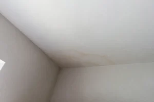 Auréole d'humidité brunâtre au plafond d'une pièce sous combles au dernier étage d'une maison