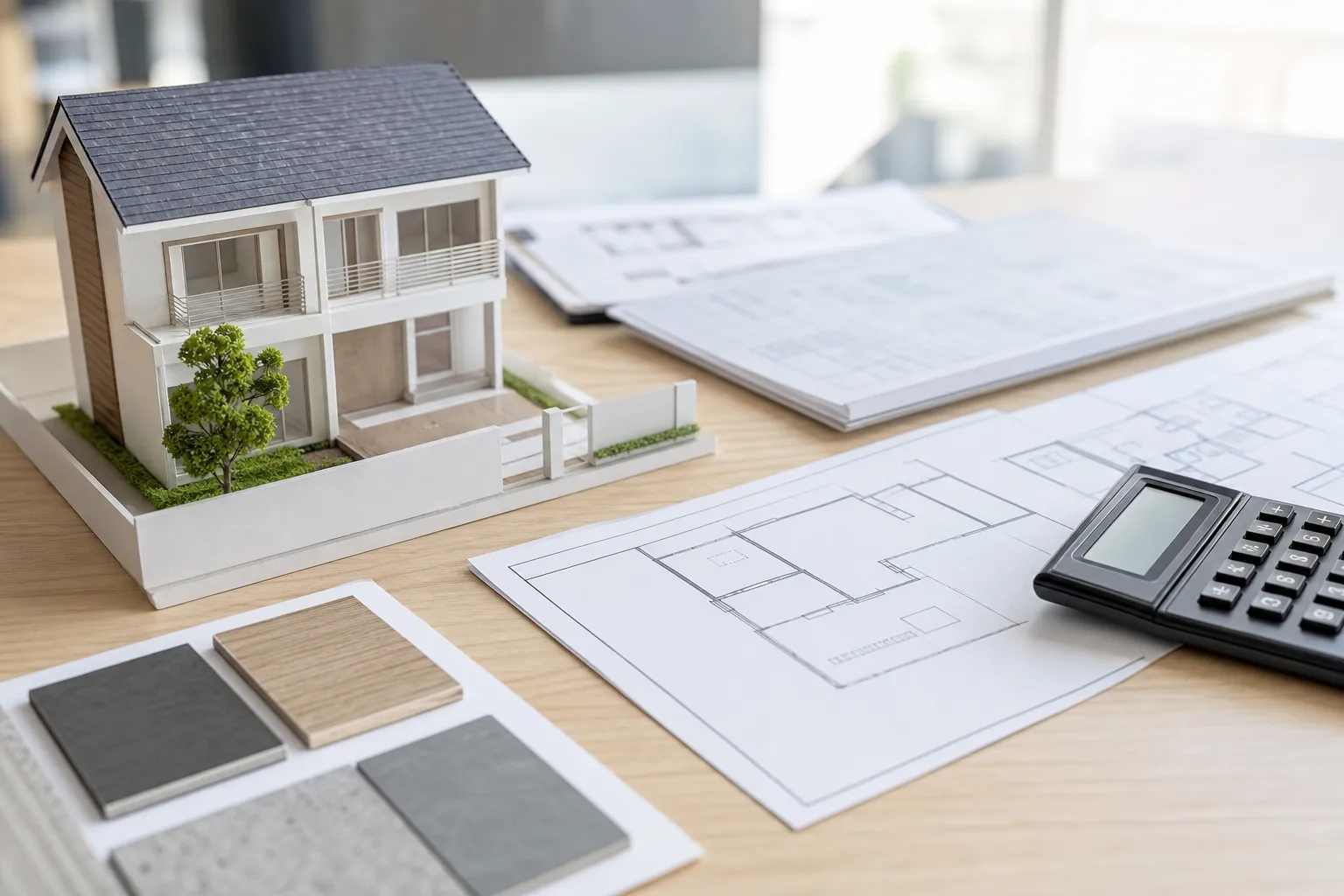 Maitrise oeuvre — Maquette de maison et plans illustrant le choix entre CCMI et maîtrise d'œuvre