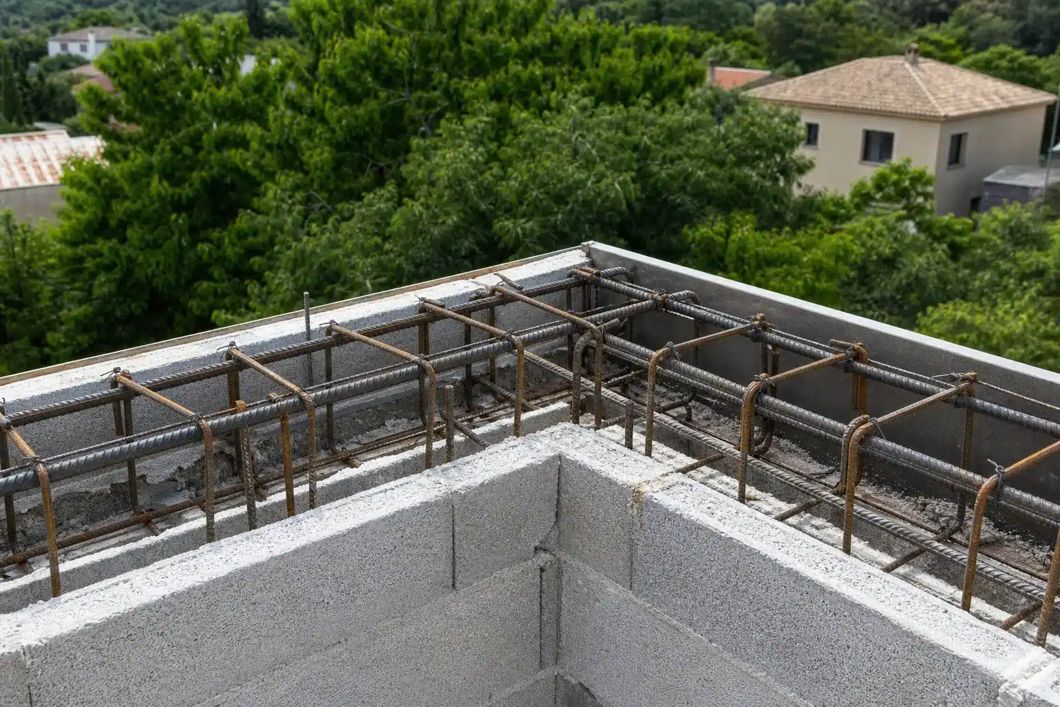 Chainage horizontal en beton arme avec ferraillage en haut d'un mur en parpaings