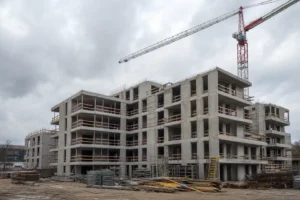 Chantier d'immeuble neuf en construction non terminé illustrant un retard de livraison en VEFA