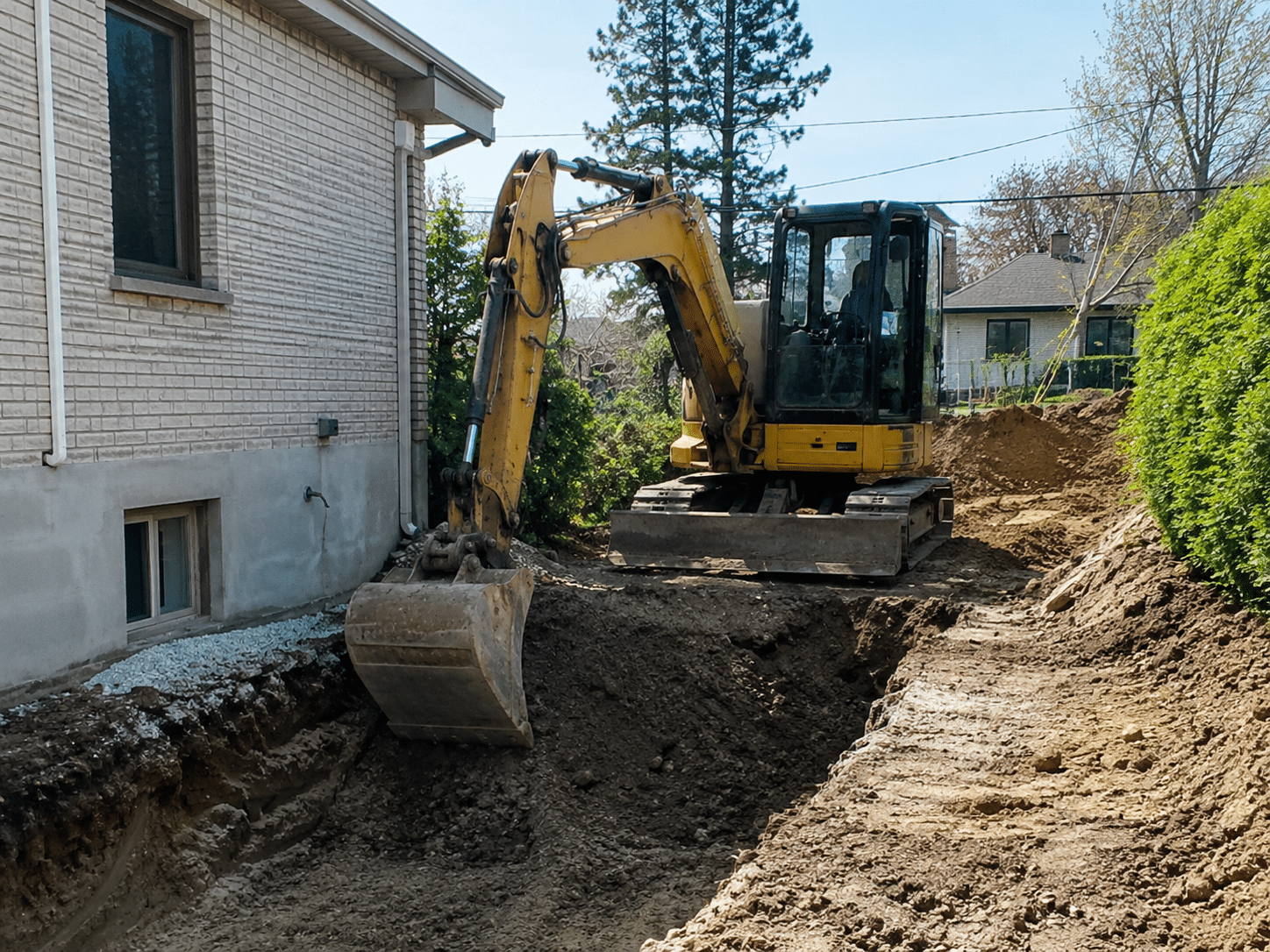 Chantier d'excavation proche d'une maison susceptible de fissurer