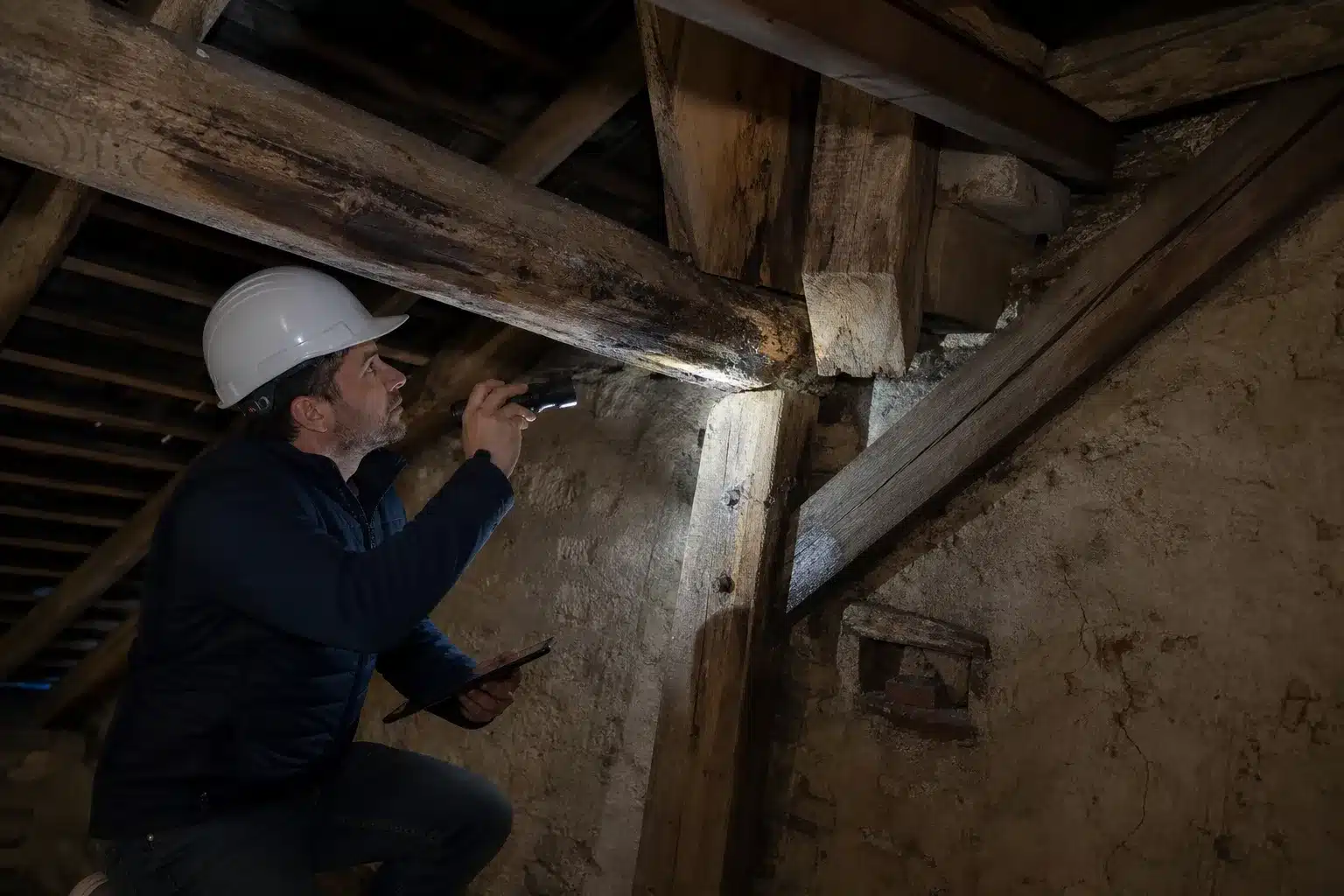 Charpente en bois fragilisée inspectée par un expert bâtiment