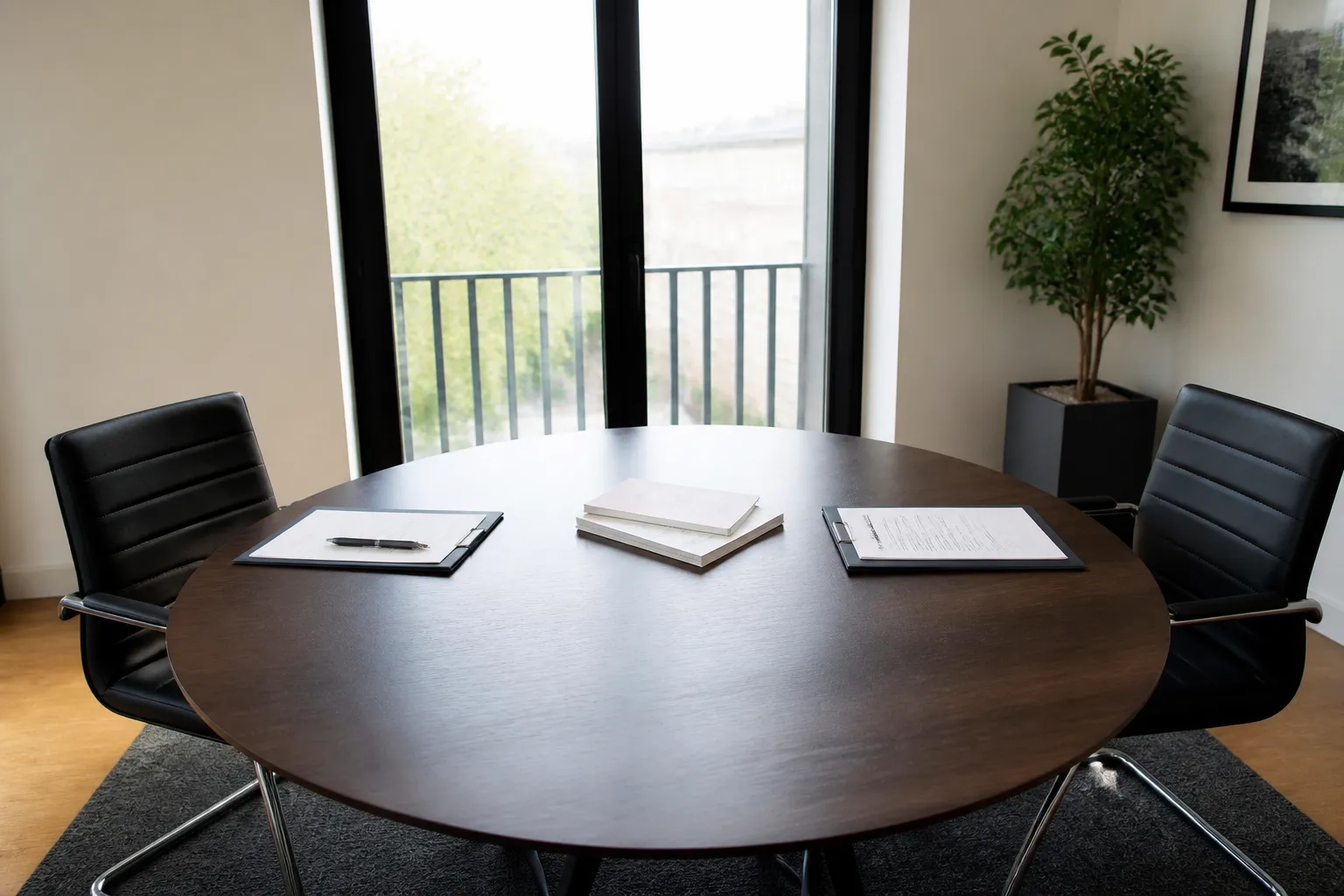 Table de reunion preparee pour une mediation ou une conciliation dans un litige de construction