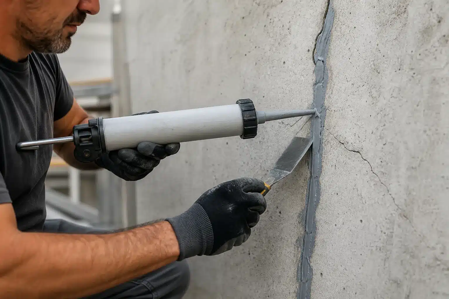 Artisan réalisant le colmatage d'une fissure sur un mur en béton avec du mastic d'étanchéité