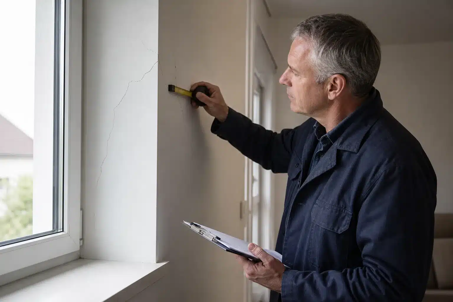 Expert en bâtiment inspectant un mur fissuré dans une maison après des travaux pour constater des malfaçons