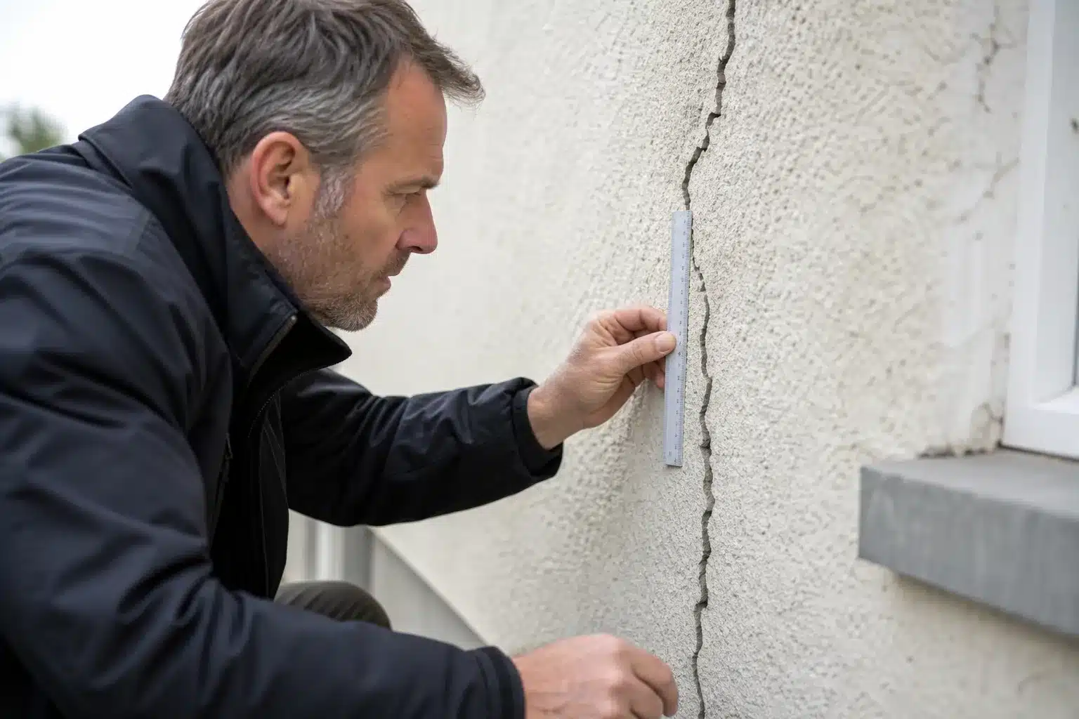 Expert en batiment mesurant une fissure sur le mur exterieur d'une maison avec une regle