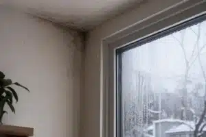 Mur d'angle avec taches d'humidite et fenetre couverte de condensation un matin d'hiver