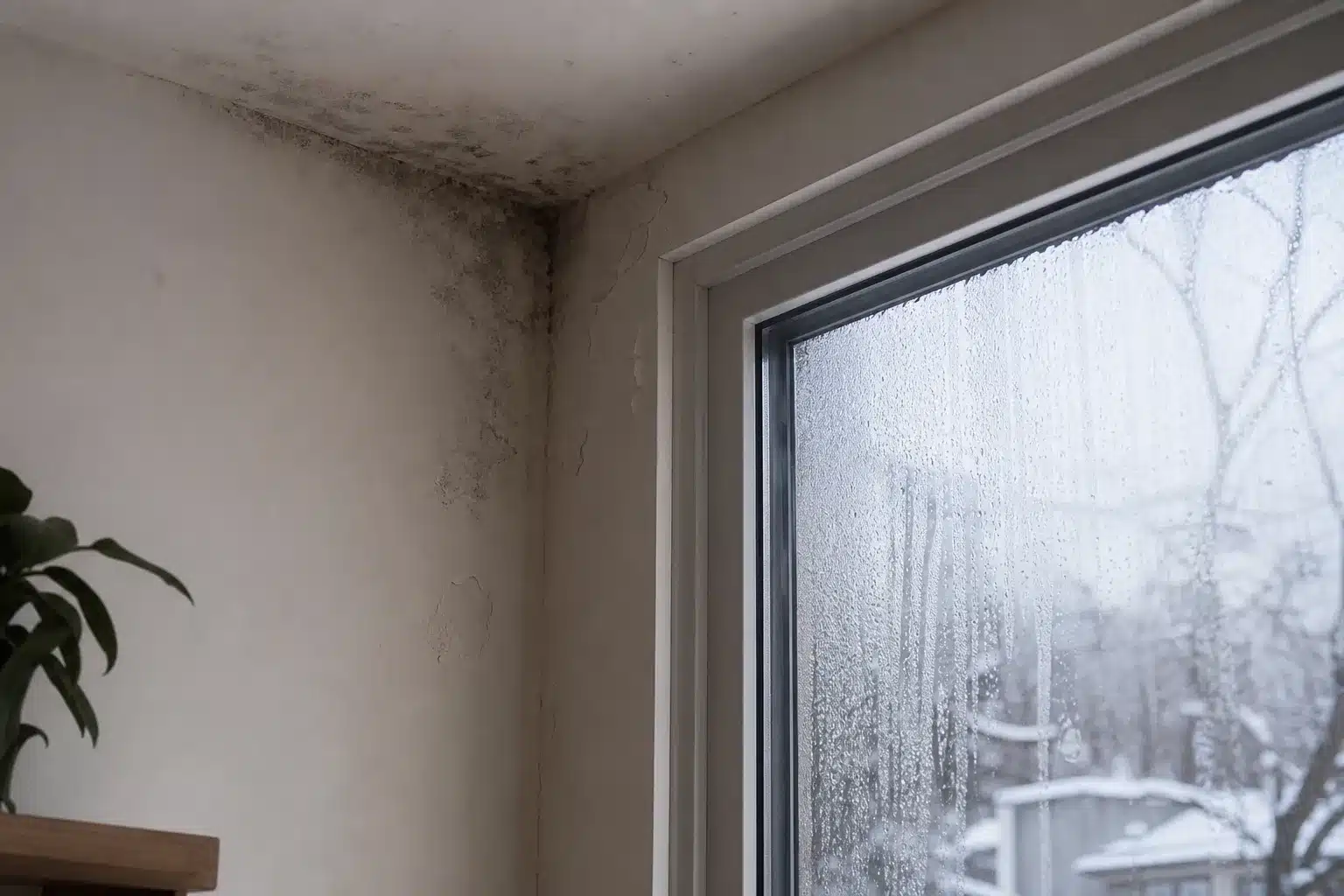 Mur d'angle avec taches d'humidite et fenetre couverte de condensation un matin d'hiver
