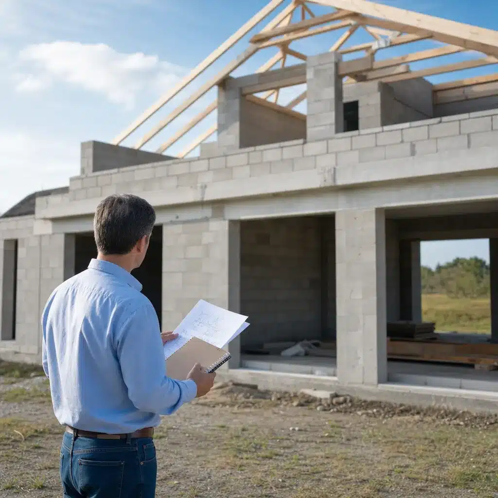 Expert constatant l'état d'avancement d'un chantier de maison interrompu après la faillite du constructeur