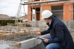 Expert en bâtiment contrôlant les fondations et le ferraillage d'une maison en construction sur un chantier CCMI