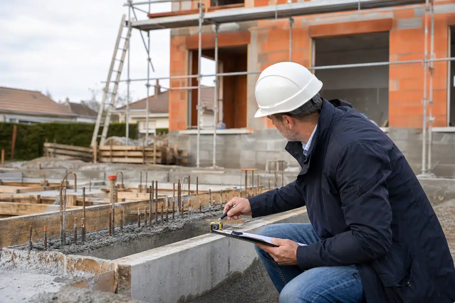 Expert en bâtiment contrôlant les fondations et le ferraillage d'une maison en construction sur un chantier CCMI