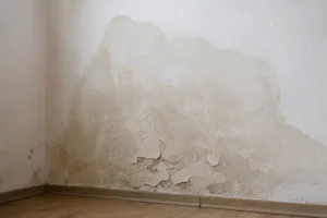 Degat des eaux — Mur d'habitation marqué par un dégât des eaux récurrent dû à une fuite cachée