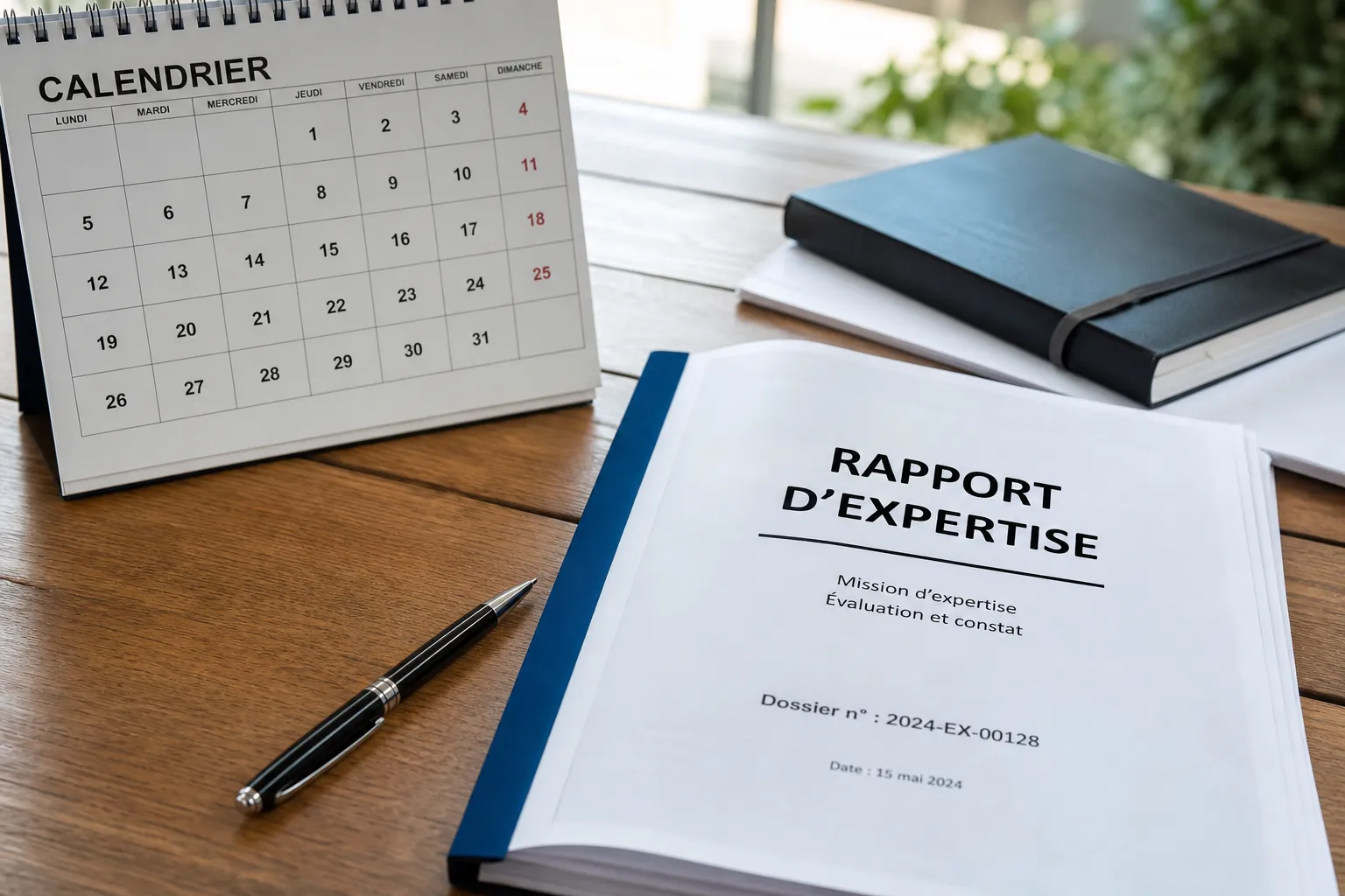 Calendrier et rapport d'expertise illustrant le delai d'obtention d'une expertise en batiment