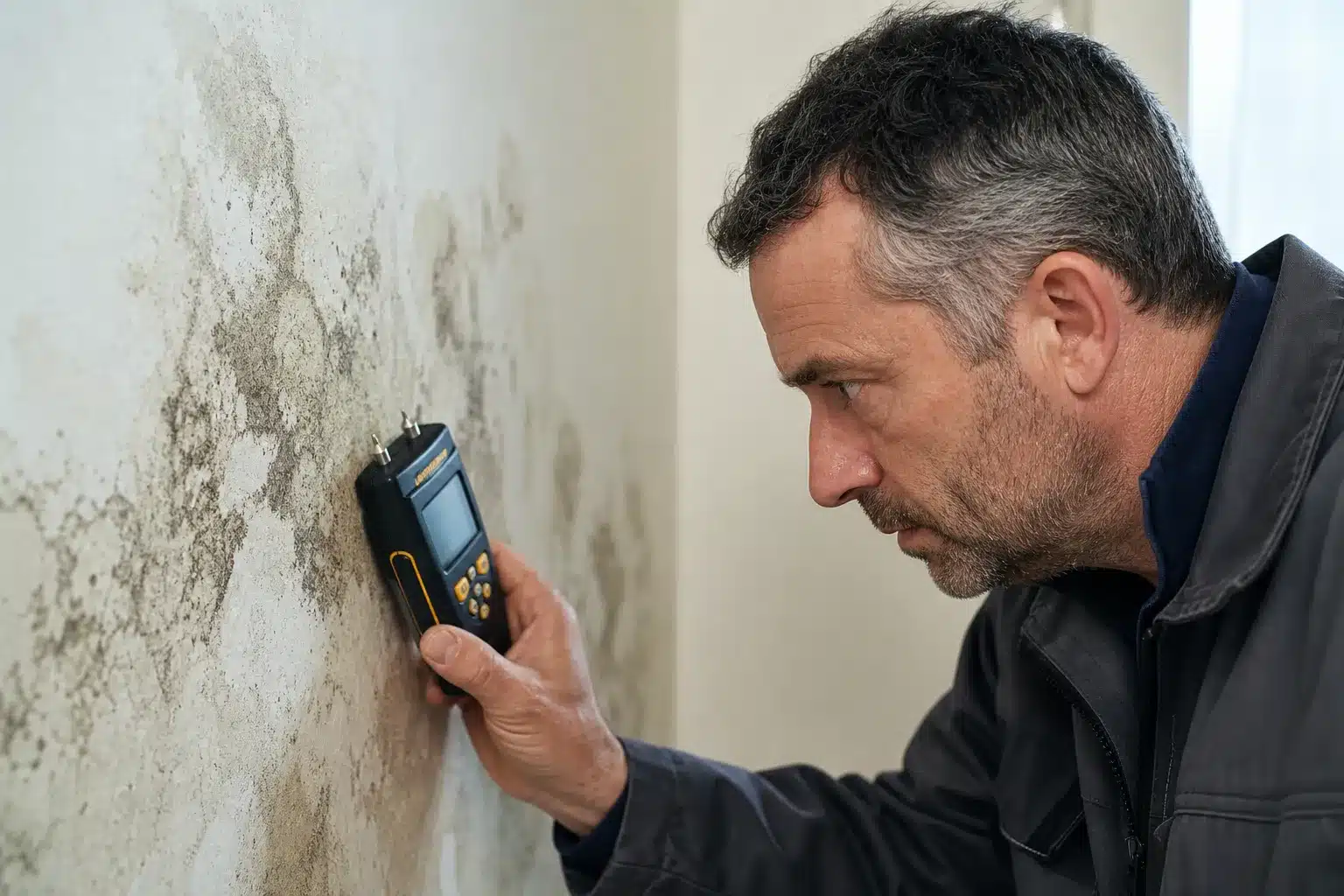 Expert mesurant le taux d'humidité d'un mur avec un humidimètre lors d'une expertise humidité