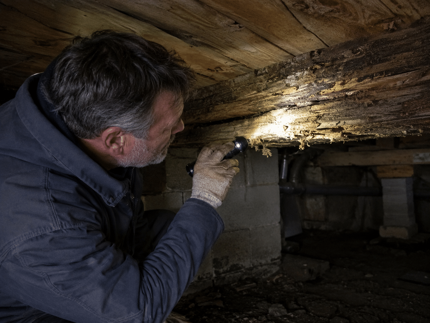 Expert recherchant un foyer de mérule dans une zone humide et confinée