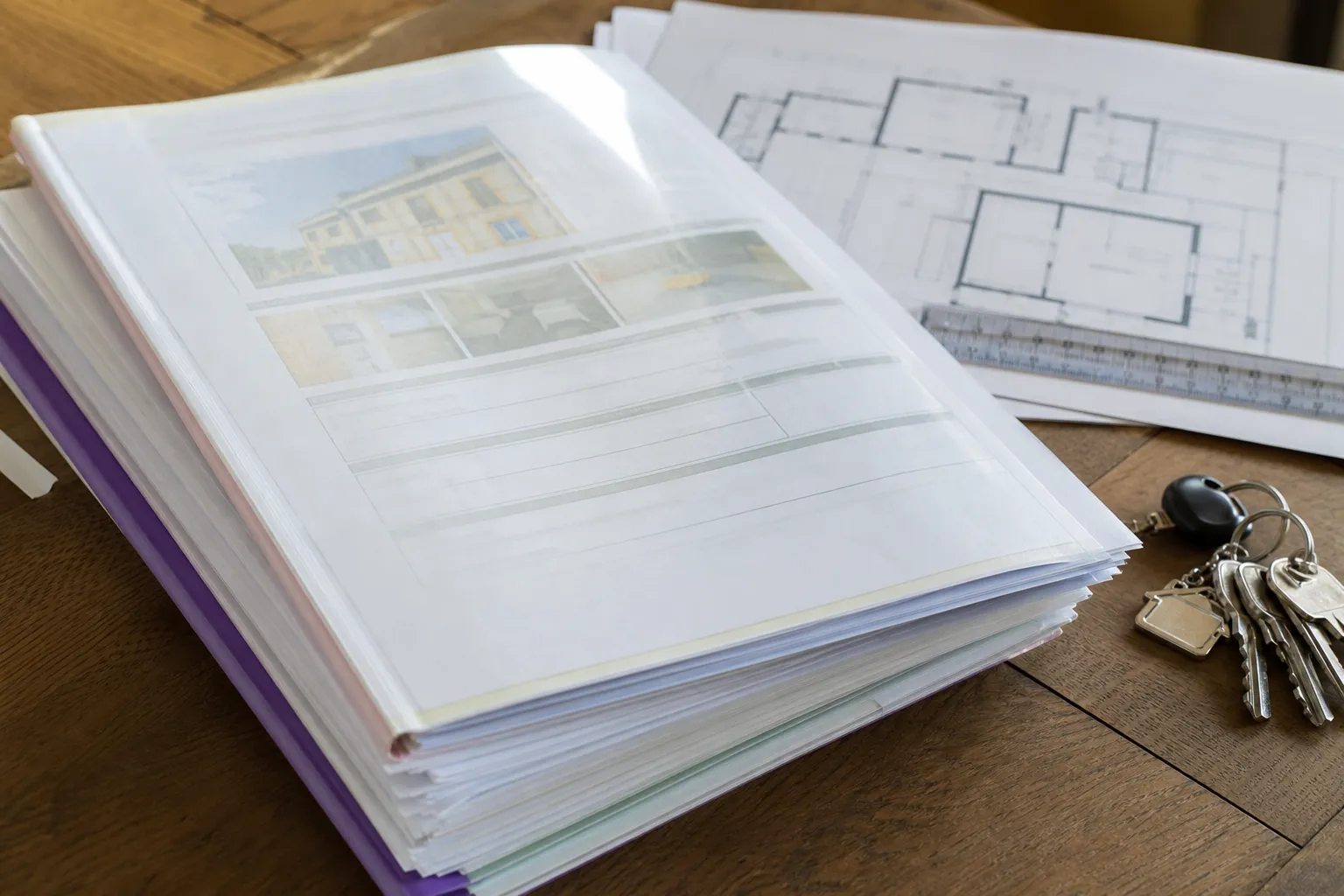 Dossier de diagnostics immobiliers avec clés et plan de maison posés sur une table