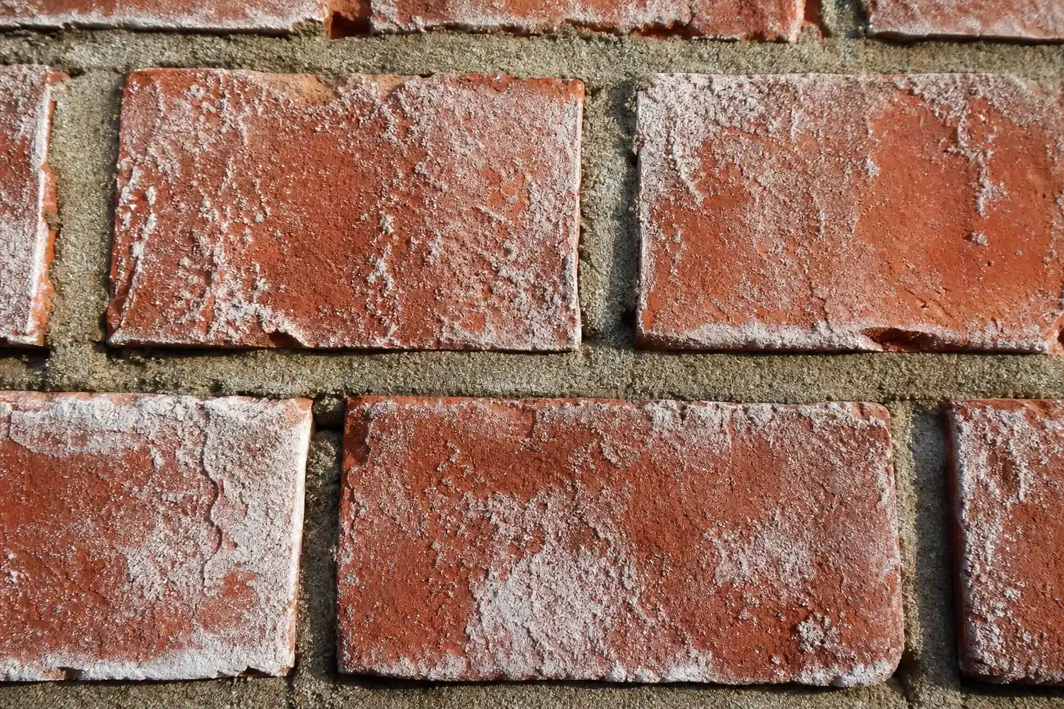 Dépôts d'efflorescences blanches cristallines à la surface d'un mur en briques rouges