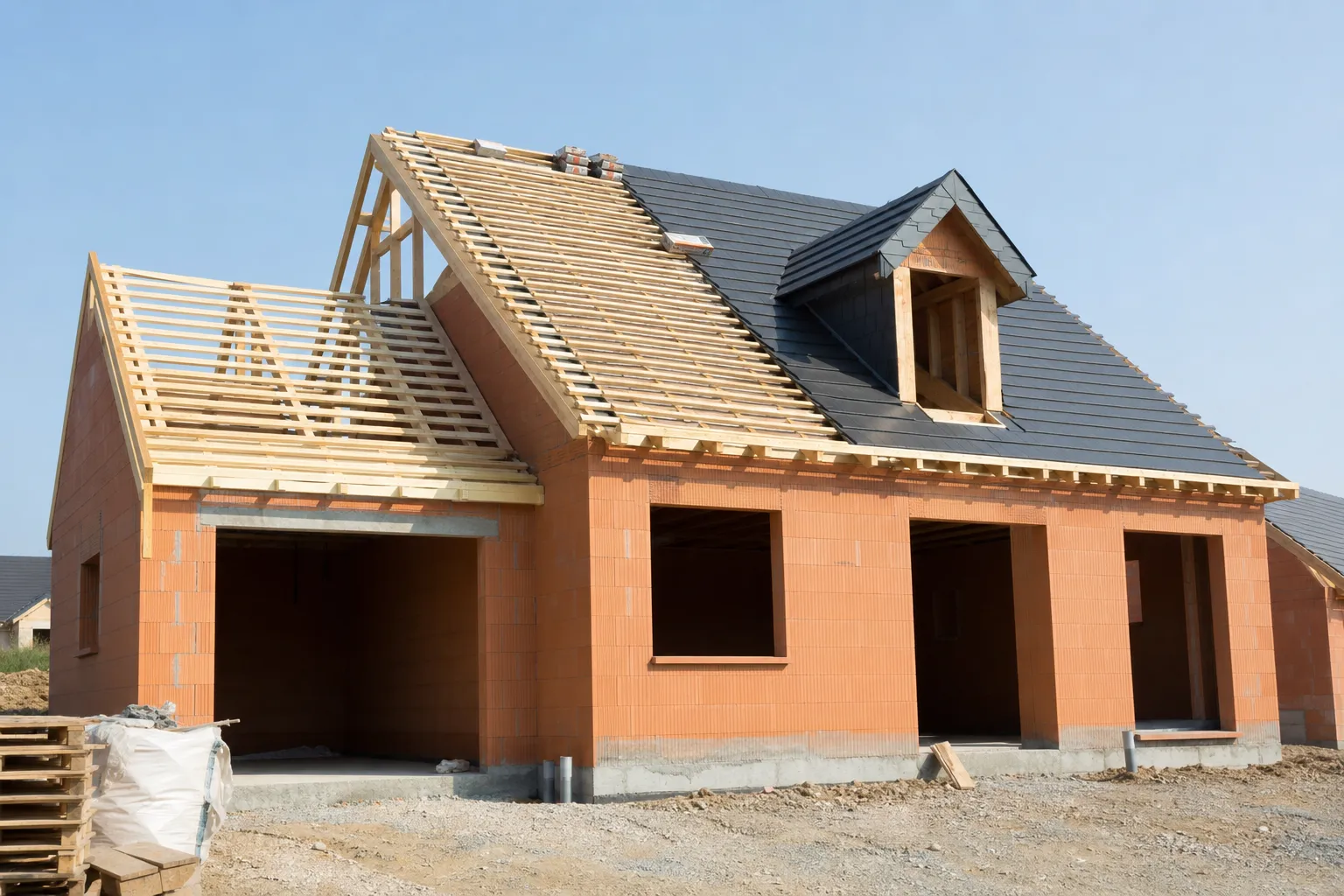 Maison individuelle en construction au stade de la mise hors d'eau lors d'une visite de chantier CCMI
