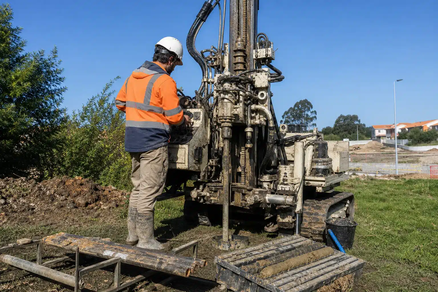 Foreuse de sondage geotechnique realisant une etude de sol sur un terrain constructible