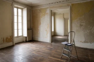 Intérieur d'une maison ancienne à rénover en cours d'évaluation des travaux avant achat