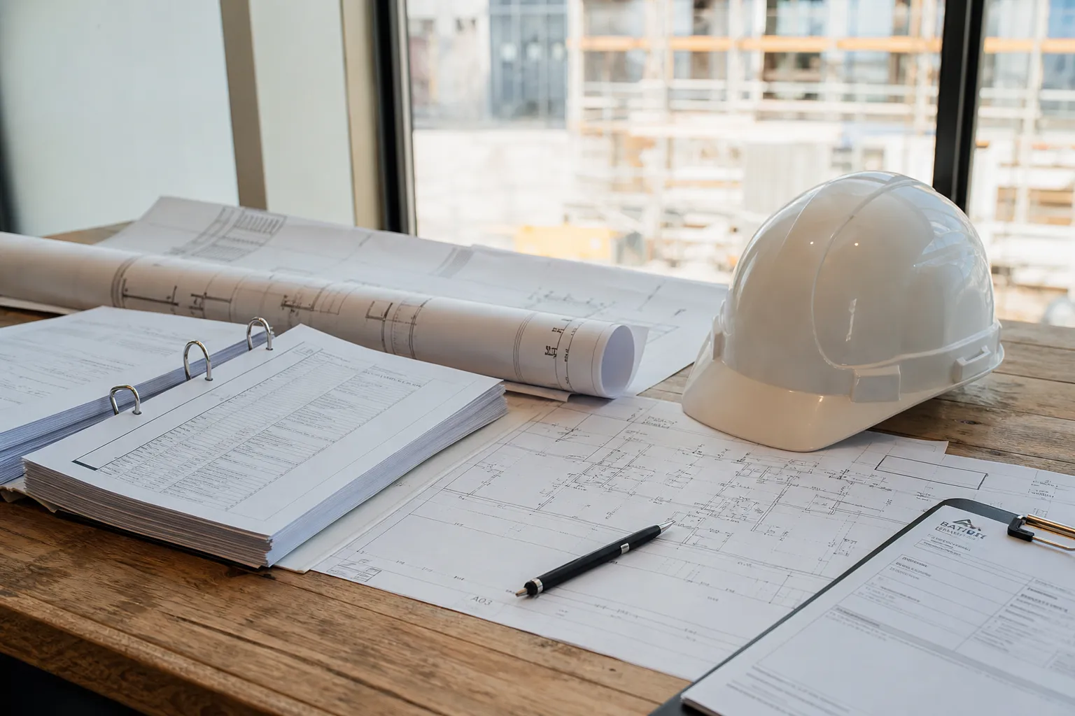 Plans de construction et casque de chantier illustrant les metiers du batiment a contacter selon son besoin