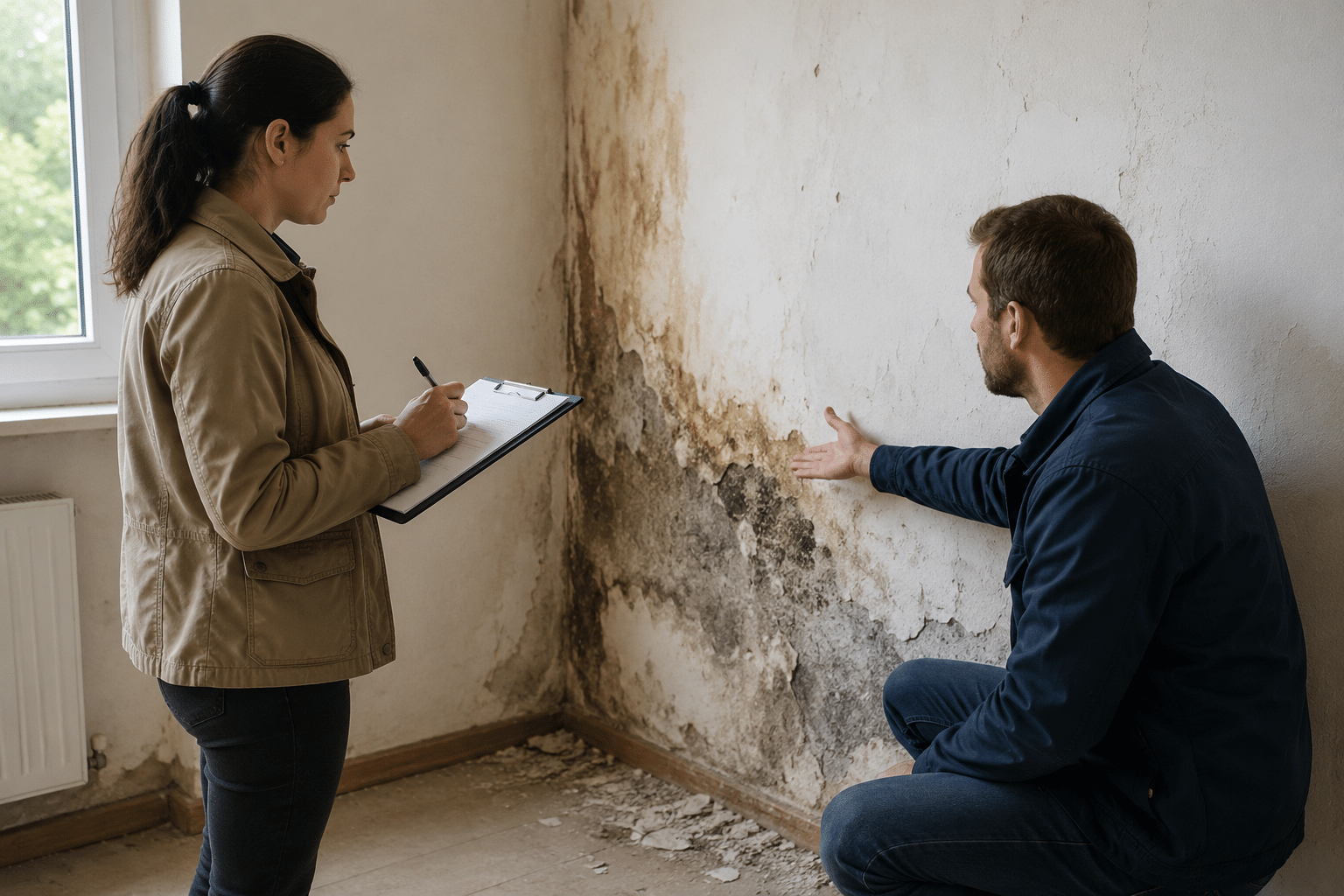 Expert d'assuré et expert de l'assurance constatant un sinistre