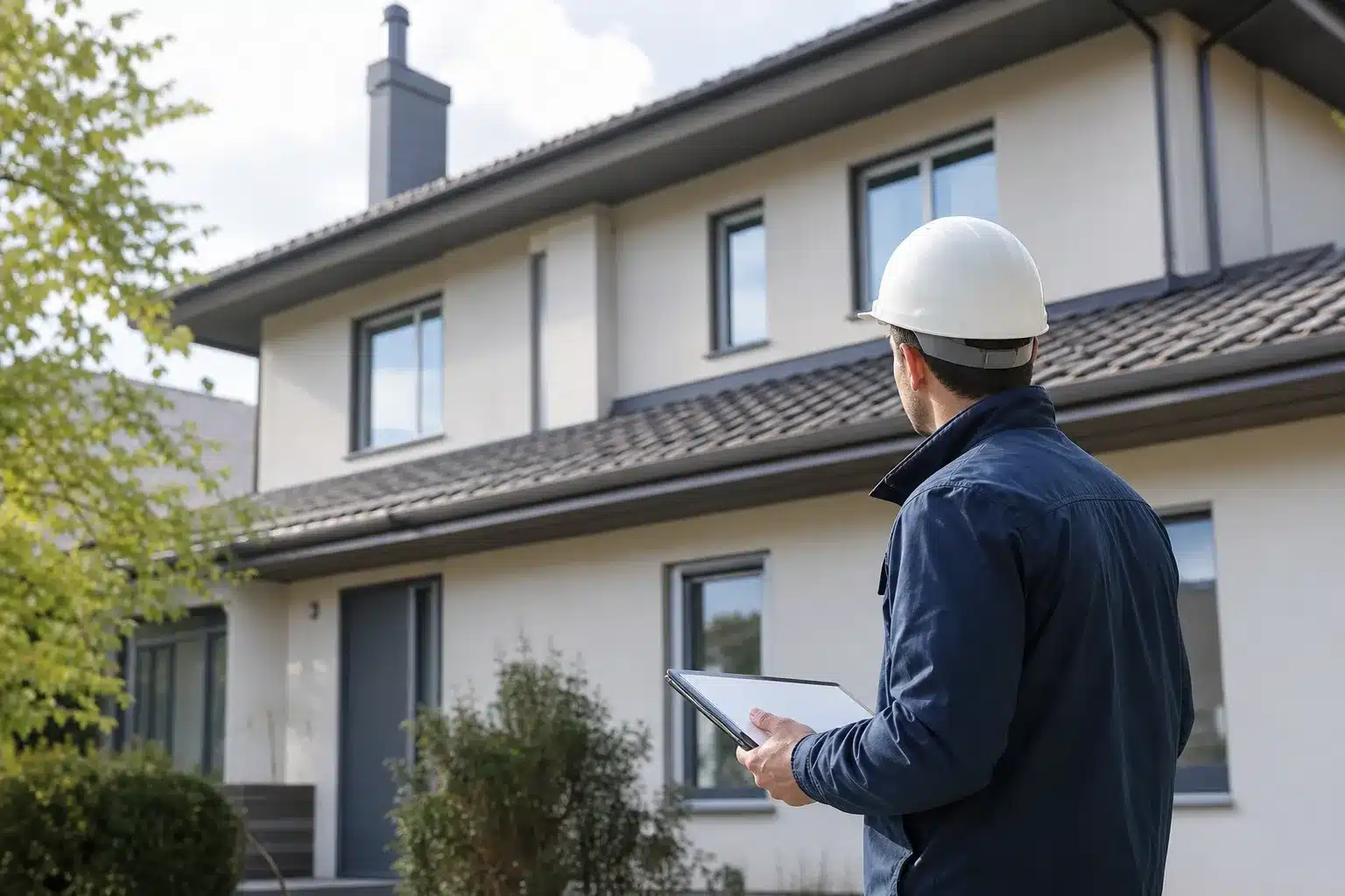 Expert en bâtiment indépendant inspectant la façade d'une maison lors d'une expertise avant achat