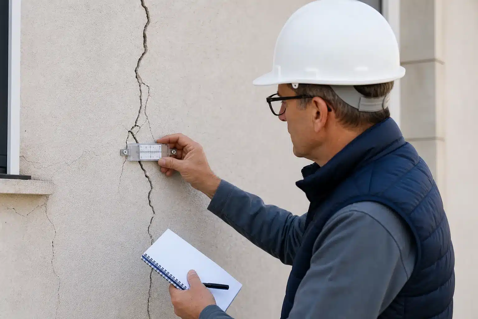 Expert en bâtiment mesurant une fissure sur le mur d'une maison lors d'une expertise fissures