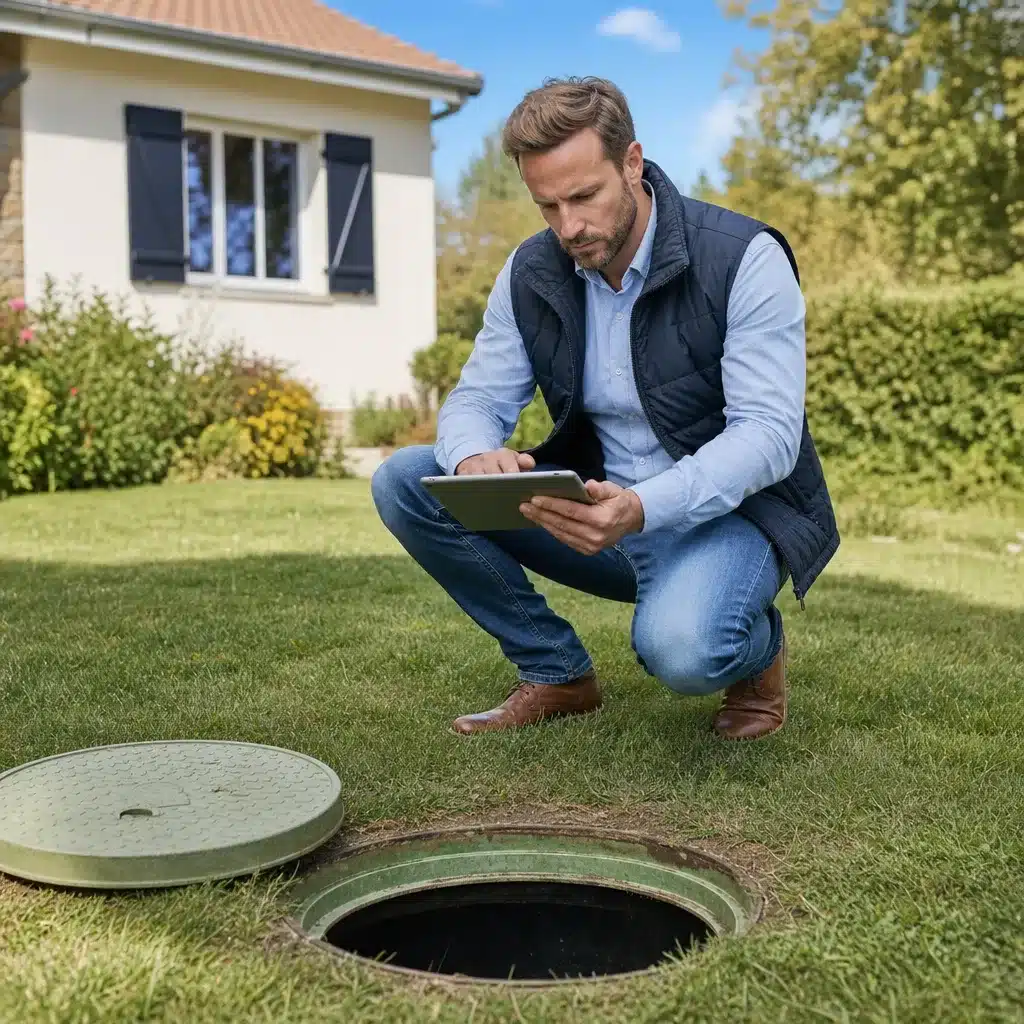Expert en bâtiment contrôlant une installation d'assainissement non collectif (fosse septique) dans le jardin d'une maison avant achat