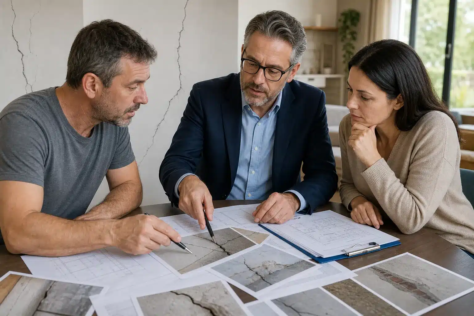 Expert en bâtiment et deux parties examinant des documents lors d'une réunion d'expertise amiable contradictoire
