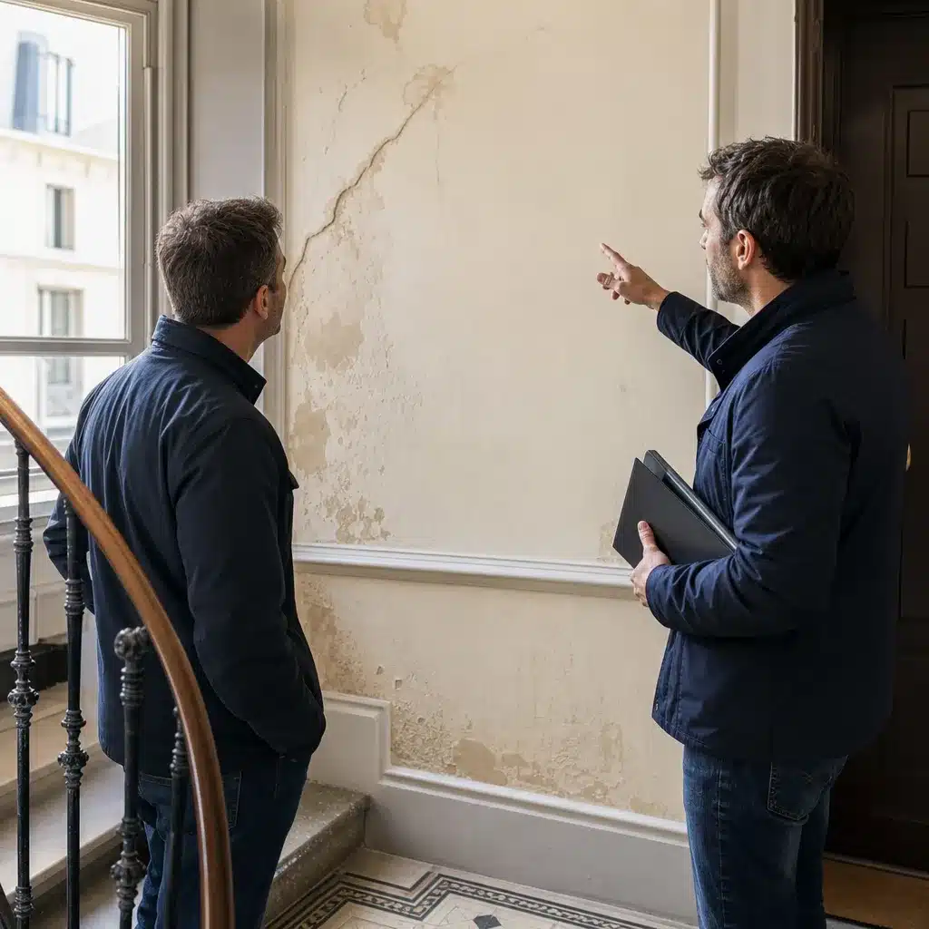Expert en bâtiment constatant des désordres dans les parties communes d'un immeuble en copropriété