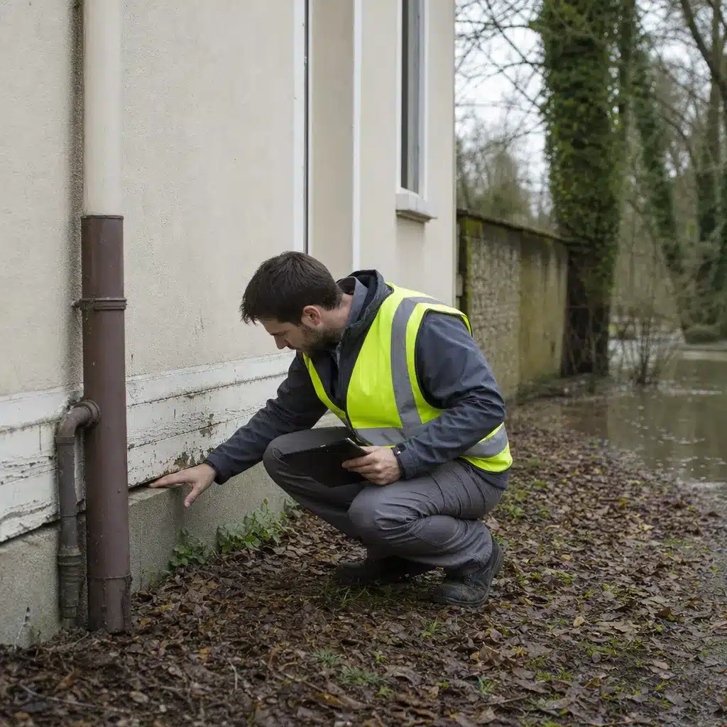 Expert en bâtiment inspectant une maison située en zone inondable soumise à un PPRI