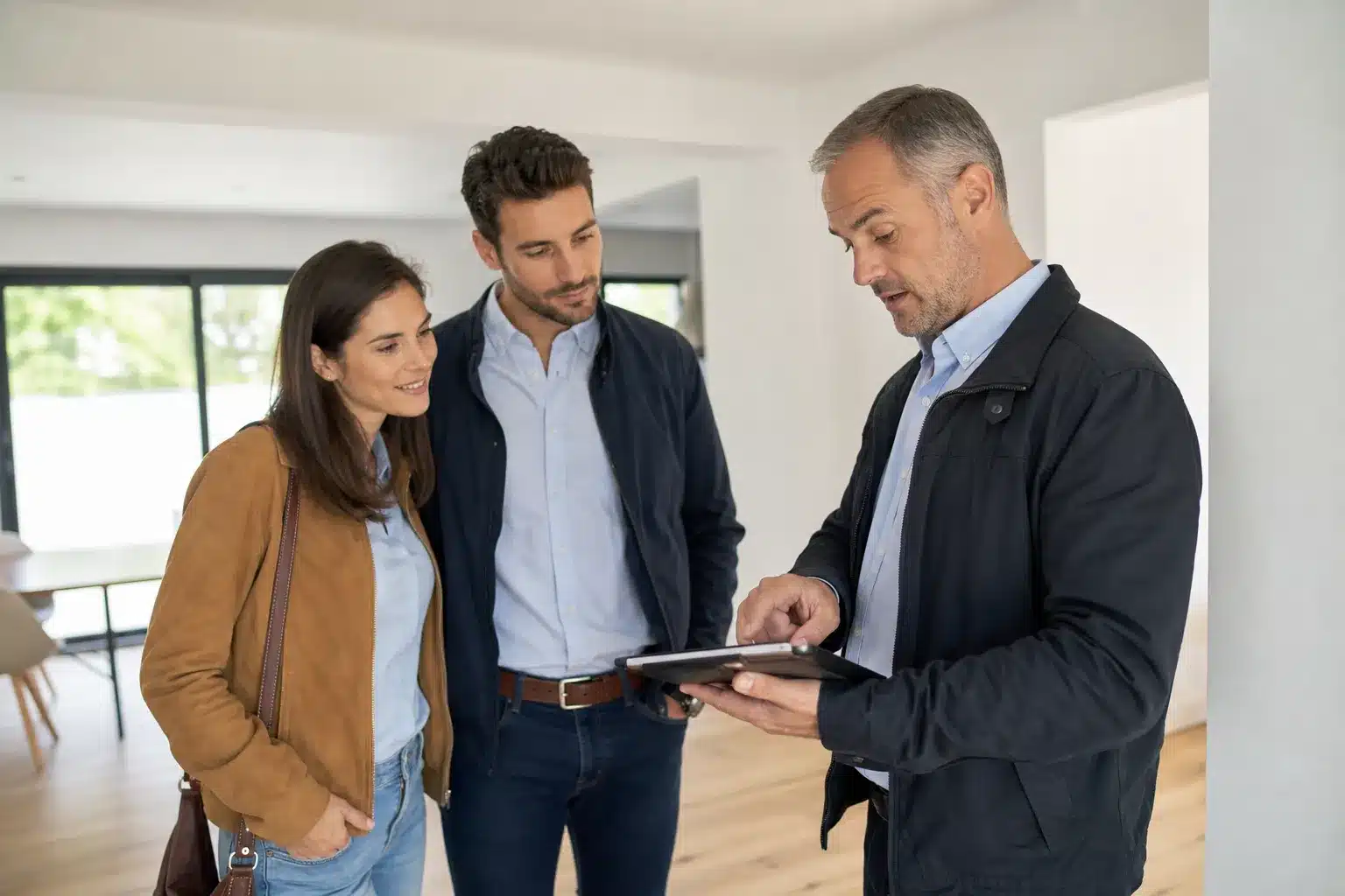 Expert en bâtiment accompagnant un couple lors d'une expertise avant achat immobilier
