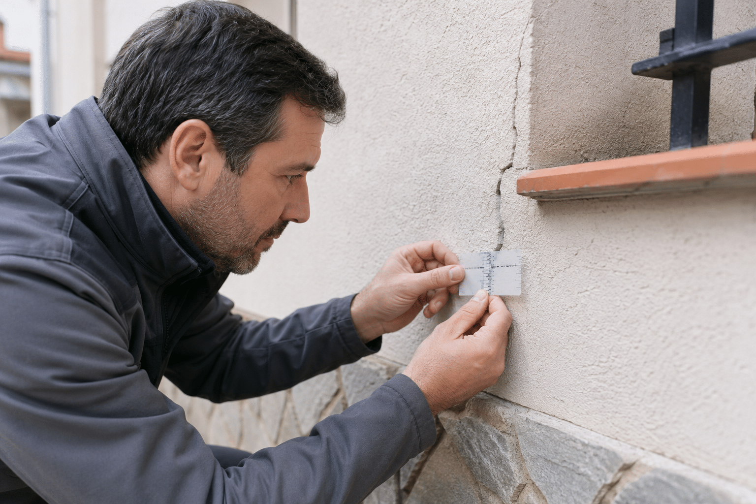 Expert en bâtiment mesurant une fissure de façade avec un fissuromètre