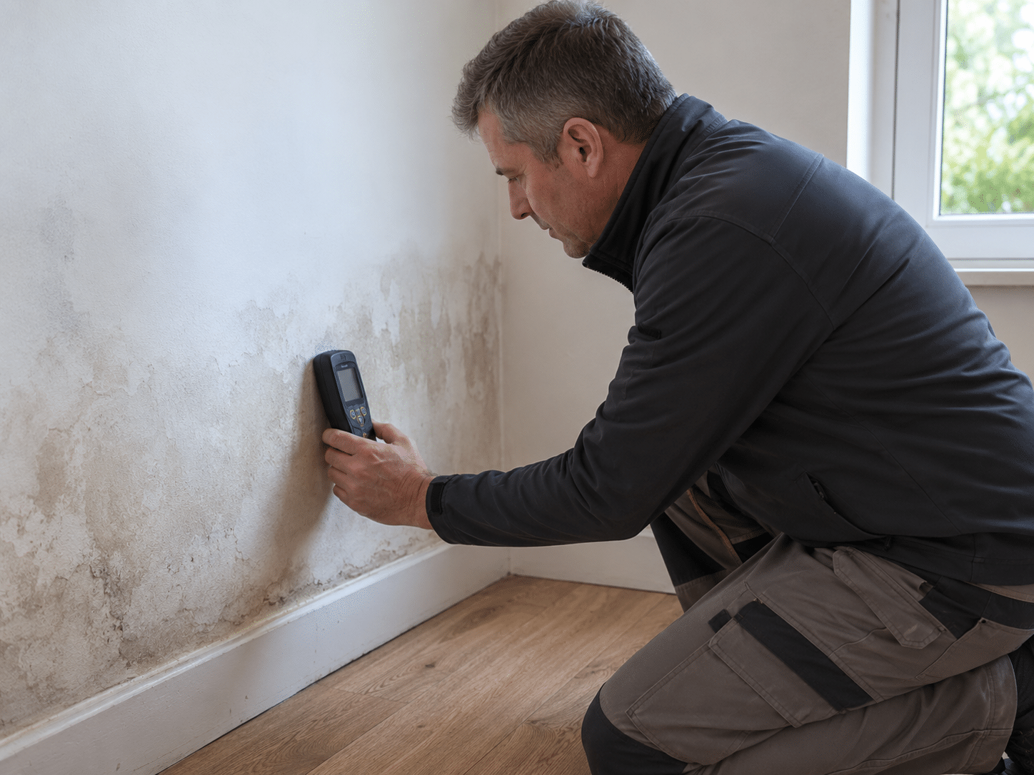 Expert mesurant le taux d'humidité d'un mur avec un humidimètre