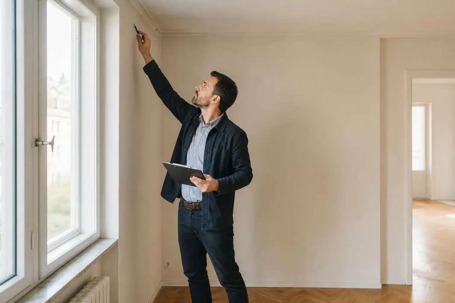 Expert en bâtiment inspectant un appartement vide avant achat près d'une fenêtre