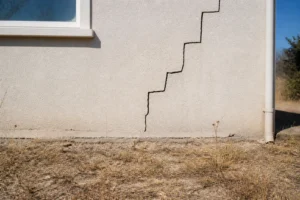 Fissure en escalier sur la façade d'une maison individuelle sur sol argileux desséché par la sécheresse